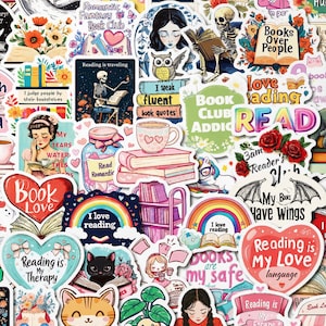 May include: A selection of vibrant stickers with a reading theme. The stickers depict books, hearts, rainbows, and phrases such as "Book Love," "Reading is My Therapy," and "Books Over People." The colour scheme includes pink, blue, and green.