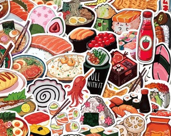 55pcs Kawaii Japanese Food Stickers, Sushi Ramen Takoyaki Decals, Waterproof Vinyl For Lunchbox Planner Kindle, Foodie Weeb Gift