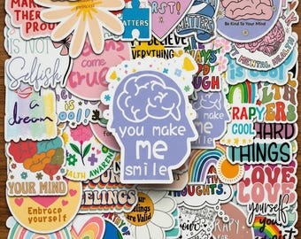 50 pegatinas de salud mental, frases de afirmación positiva, calcomanías con palabras inspiradoras, paquete de vinilo impermeable para agenda, diario o computadora portátil.