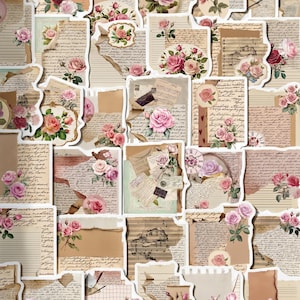 May include: A collection of vintage-style paper stickers featuring torn edges, aged parchment textures, cursive handwriting, musical notation, and various illustrations of pink roses and green leaves arranged in a collage-like pattern.