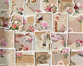 50pcs Vintage Rose Scrapbook Stickers, Torn Paper Cursive Script Decals, Waterproof Vinyl For Kindle Insert Planner, Junk Journaler Gift