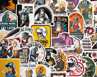 50pcs Funny Welder Stickers, Stacking Dimes No Flux Given Decals, Waterproof Vinyl Pack For Hard Hat Laptop, Blue Collar Gag Gift