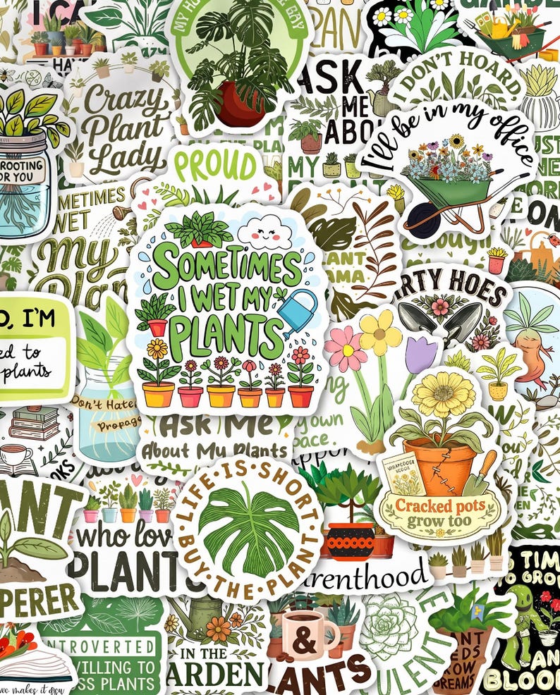 50pcs Funny Plant Lover Stickers, Crazy Plant Lady Potted Succulent Decals, Waterproof Vinyl For Kindle Planner Tumbler, Plant Mom Gag Gift image 1