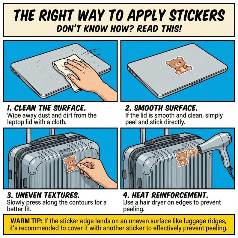 May include: An instructional graphic titled THE RIGHT WAY TO APPLY STICKERS with four panels showing steps: cleaning a laptop lid, applying a bear sticker, pressing a sticker onto a ridged suitcase, and using a hair dryer for heat reinforcement.