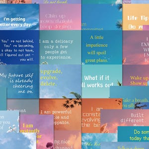Könnte beinhalten: Eine Collage aus rechteckigen Karten mit motivierenden Zitaten vor Hintergründen aus blauem Himmel, Sonnenuntergängen und Wolken. Der Text enthält Sätze wie 'I'm getting better every day', 'upgrade, evolve, delete' und 'What if it all works out'.