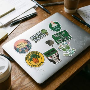 May include: A silver laptop covered in colorful stickers with vegan and vegetarian themes. Stickers include phrases like "Plant Based", "Hello I'm Vegan", and "Vegetarian for Life". The laptop sits on a wooden desk with pens and papers.