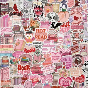 May include: A collection of colorful stickers with book-related themes. The stickers feature phrases like "Read More Smut," "Book Lover," and "Hot Girls Read Books," along with illustrations of books, hearts, and other graphics.
