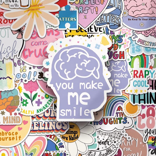 50pcs Mental Health Stickers, Positive Affirmation Quotes, Inspirational Words Decals, Waterproof Vinyl Pack for Planner Journal Laptop