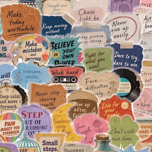 Könnte beinhalten: Eine Collage aus verschiedenen Papieraufklebern mit gerissenen Kanten, unterschiedlichen Formen und motivierenden Texten in vielen Farben. Die Aufkleber zeigen Illustrationen von einer Farbpalette, Kassette, Heißluftballon und Flasche.