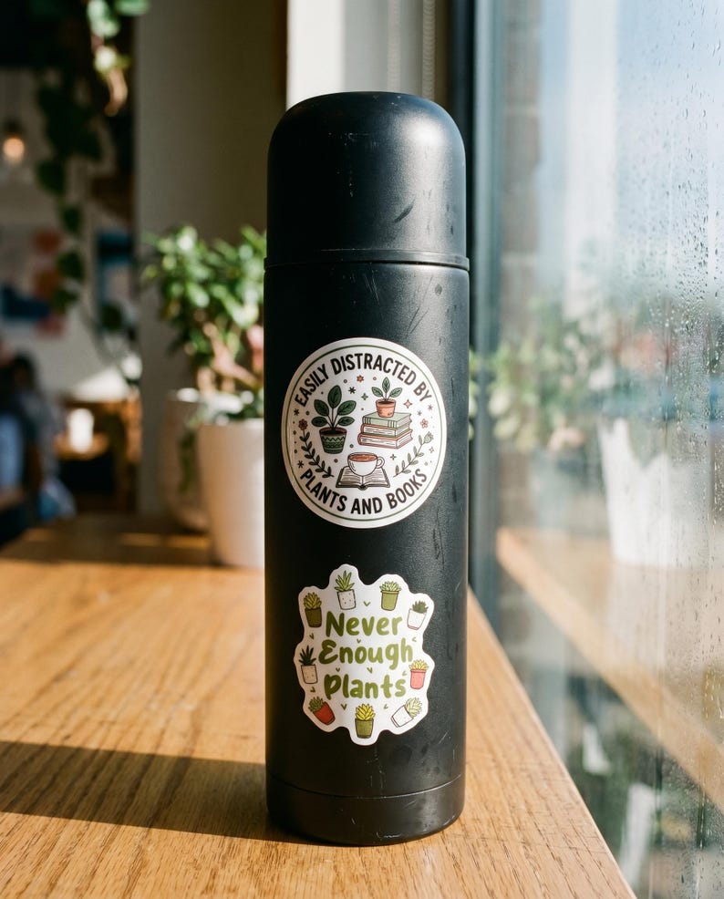 May include: A matte black cylindrical insulated water bottle featuring two circular stickers. The top sticker reads EASILY DISTRACTED BY PLANTS AND BOOKS with illustrations of potted plants, books, and a cup. The bottom sticker says Never Enough Plants.