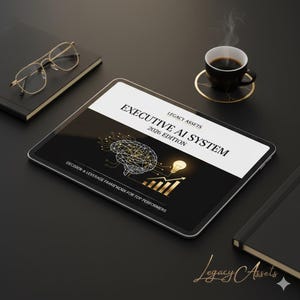 Op de afbeelding: Een tablet met de titel "EXECUTIVE AI SYSTEM 2026 EDITION" met een hersenafbeelding, een gloeilamp en een grafiek. Op een zwarte ondergrond met koffie, een bril en notitieboekjes.