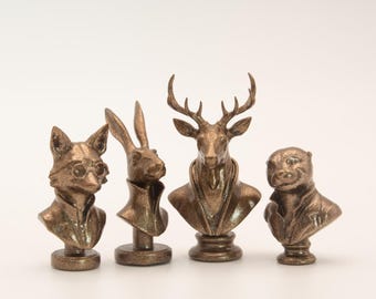 Colección de bustos de animales a escala 1:12 / Juego completo de 4 / Zorro, ciervo, liebre, nutria / Decoración para biblioteca de casa de muñecas