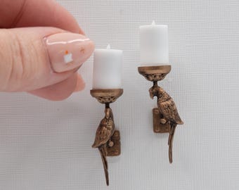 Apliques de pared en miniatura con forma de loro / Escala 1:12 / Juego de portavelas para casa de muñecas