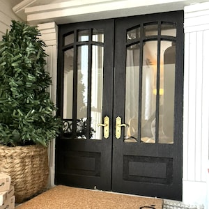 Könnte beinhalten: Miniatur-Doppeltüren in Schwarz mit Glaspaneelen und Messinggriffen. Die Türen haben unten eine rechteckige Platte und oben ein dekoratives Fensterdesign. Links steht ein grüner Baum in einem geflochtenen Korb.