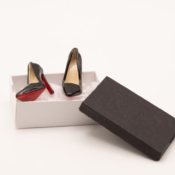 1:12 Scale Miniature High Heels | Red Bottom Pumps | Dollhouse Shoes with Shoebox