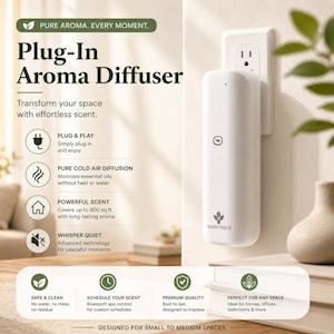 May include: A white Plug-In Aroma Diffuser inserted into a wall socket. The diffuser has a minimalist design and features the text "Plug-In Aroma Diffuser" and "ESSENTIQUE". The image highlights features like pure cold air diffusion and whisper quiet operation.
