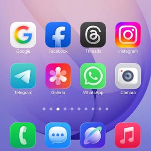 May include: A smartphone screen displays app icons for Google, Facebook, Threads, Instagram, Telegram, Gallery, WhatsApp, Camera, Phone, Messages, and a music app. The background is a gradient of purple and white.