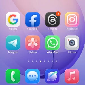 May include: A smartphone screen showing app icons such as Google, Facebook, Threads, Instagram, Telegram, Galería, WhatsApp, and Cámara. The apps are set against a purple gradient background.