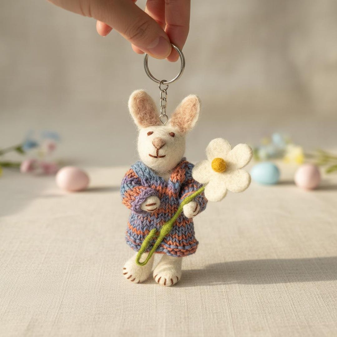 Felt Bunny With Flower Ornament, Needle Felted Rabbit Keychain ...