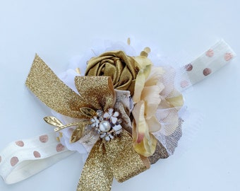 Gold white wedding flower girl headband baby girl headband toddler headband persnickety m2m headband matilda jane m2m headband shabby chic