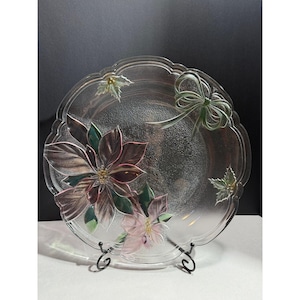 Mikasa Holiday Poinsettia Glass Platter Christmas Serving Plate Textured Floral