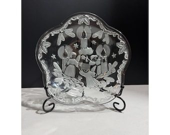 Mikasa Christmas Night Crystal Serving Bowl Angels Candles Frosted Glass Germany
