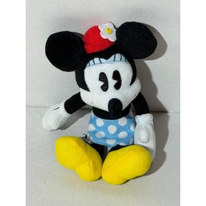 Peluche di Minnie Mouse Disney, gonna a pois blu e cappello rosso con margherite, 20 cm circa. immagine 2