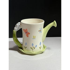 Ceramic Russ Berrie Hand Painted Watering Can Planter Butterfly Bee Floral