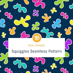 May include: A seamless pattern design with colourful squiggles in yellow, pink, green, orange, blue, and purple, outlined in white, on a dark blue background. The text "Squiggles Seamless Pattern" is displayed.