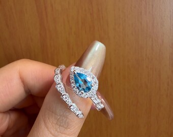 Blue Teardrop Halo Ring, 925 Sterling Silver Ring, High-Quality Cubic Zirconia, Tarnish-Resistant Gift for Her