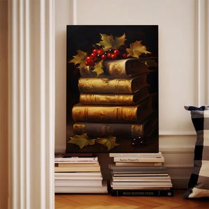 Quadro em tela com pilha de livros de Natal, natureza morta com azevinho, decoração aconchegante de biblioteca para as festas de fim de ano.