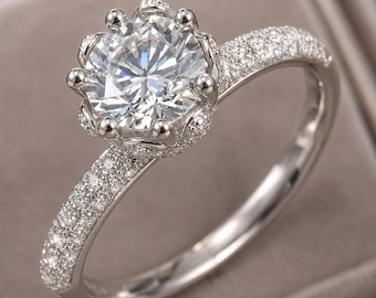 1.5CT Lab Diamond Ring, S925 Sterling Silver Engagement Ring, Pavé Side Stone Promise Ring, Anniversary Gift for Her