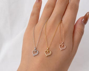 14K Gold Plated Moissanite Necklace, 925 Sterling Silver Heart Pendant, Dainty Anniversary Gift for Her