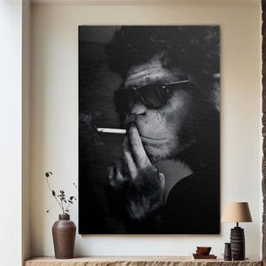 Quadro em tela com estampa de chimpanzé fumando, retrato de macaco em preto e branco, decoração para sala de jogos/espaço masculino