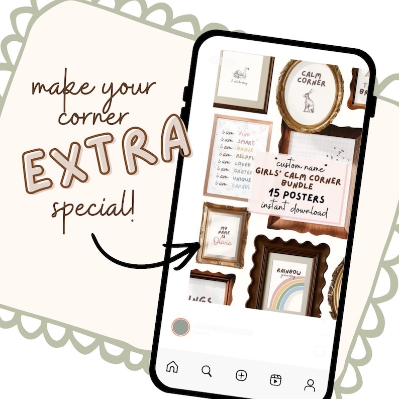 May include: A smartphone displays a collection of framed posters with the text "Girls' Calm Corner Bundle" and "15 Posters instant download." The image includes the text "make your corner EXTRA special!"