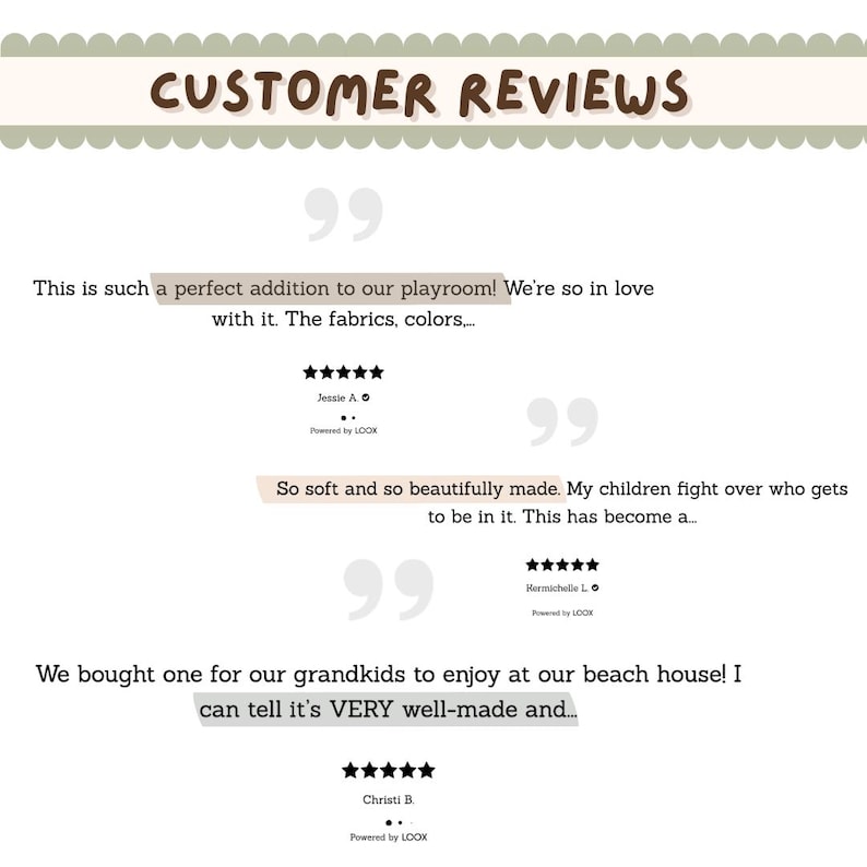 May include: A graphic with the text "CUSTOMER REVIEWS" at the top. The image displays customer testimonials with star ratings and quotes about a product's quality and appeal.