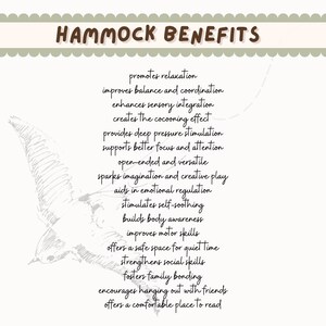 May include: A cream-colored graphic with the text "HAMMOCK BENEFITS" at the top. A sketch of a bird is on the left. The text lists benefits such as relaxation, improved balance, and sparking imagination.