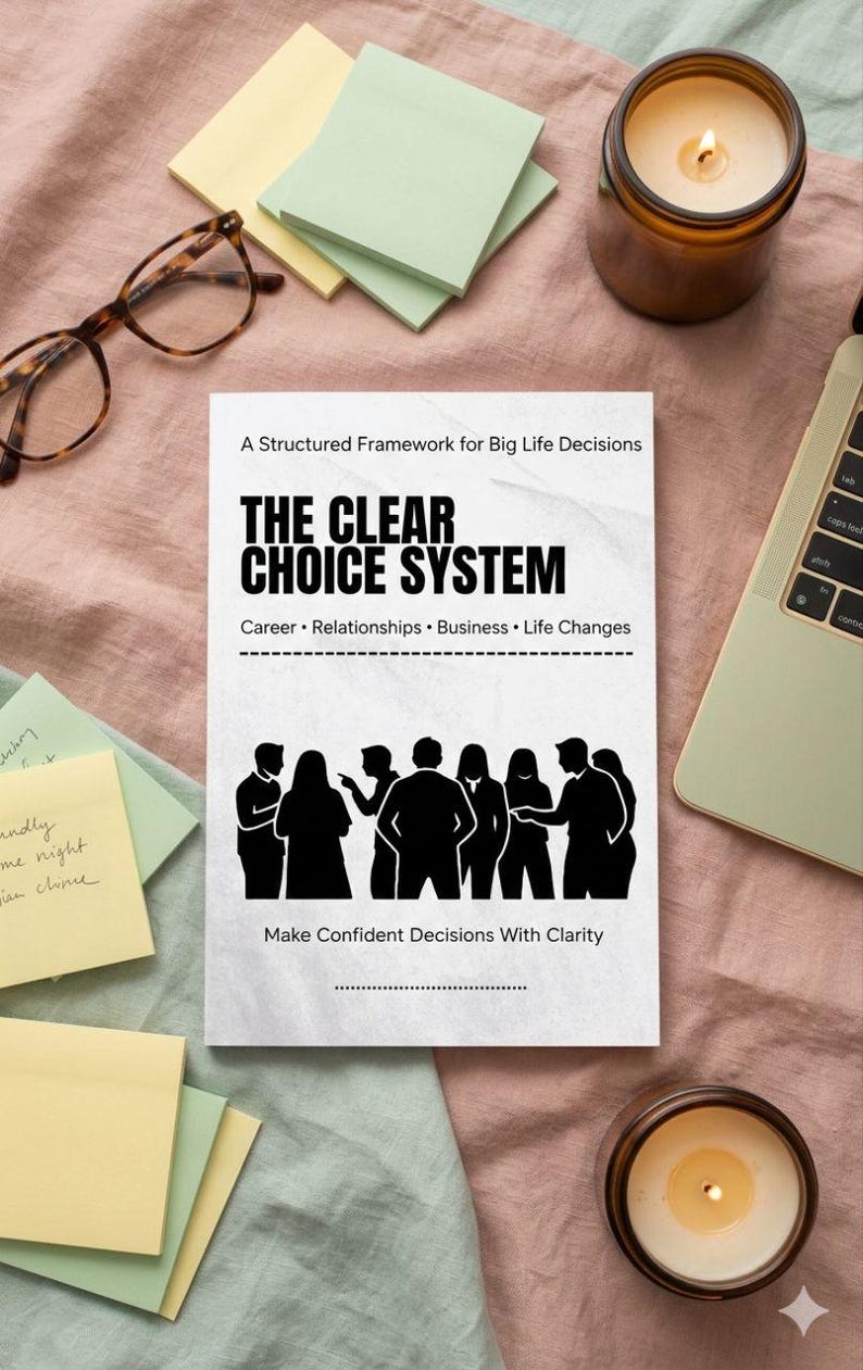 May include: A book titled "The Clear Choice System" with text about career, relationships, business, and life changes. The cover features a group of silhouetted people. The image includes candles, sticky notes, and glasses.