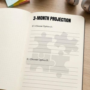 May include: Open notebook with the text "3-MONTH PROJECTION" and lines for notes. A coffee cup, headphones, and sticky notes are on the wooden surface. The notebook has a puzzle piece graphic.