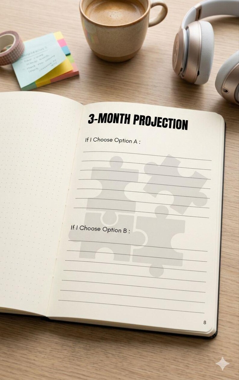 May include: Open notebook with the text "3-MONTH PROJECTION" and lines for notes. A coffee cup, headphones, and sticky notes are on the wooden surface. The notebook has a puzzle piece graphic.
