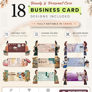 May include: A digital collection of 18 beauty and personal care business card designs featuring editable text, customizable colors, and QR code integration. The layout displays various templates for salon and spa services, all fully editable in Canva.