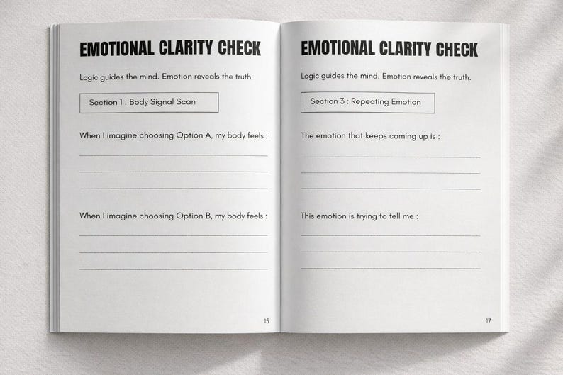 May include: Open notebook with the title "EMOTIONAL CLARITY CHECK" and prompts for self-reflection. The pages are white with black text, including sections for body signal scans and repeating emotions. The notebook is open on a white surface.