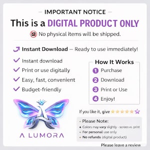 May include: Digital product advertisement with a butterfly logo and the text "This is a DIGITAL PRODUCT ONLY." It highlights instant download, print or digital use, and budget-friendly options. The image also includes the "A LUMORA" logo.