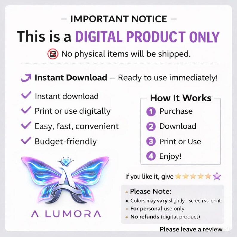 May include: Digital product advertisement with a butterfly logo and the text "This is a DIGITAL PRODUCT ONLY." It highlights instant download, print or digital use, and budget-friendly options. The image also includes the "A LUMORA" logo.