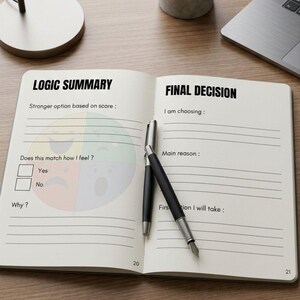 May include: Open notebook with "LOGIC SUMMARY" and "FINAL DECISION" headings. Includes prompts for decision-making, with a color-coded graphic and checkboxes. Two black pens rest on the pages. A succulent in a concrete pot and a laptop are visible.