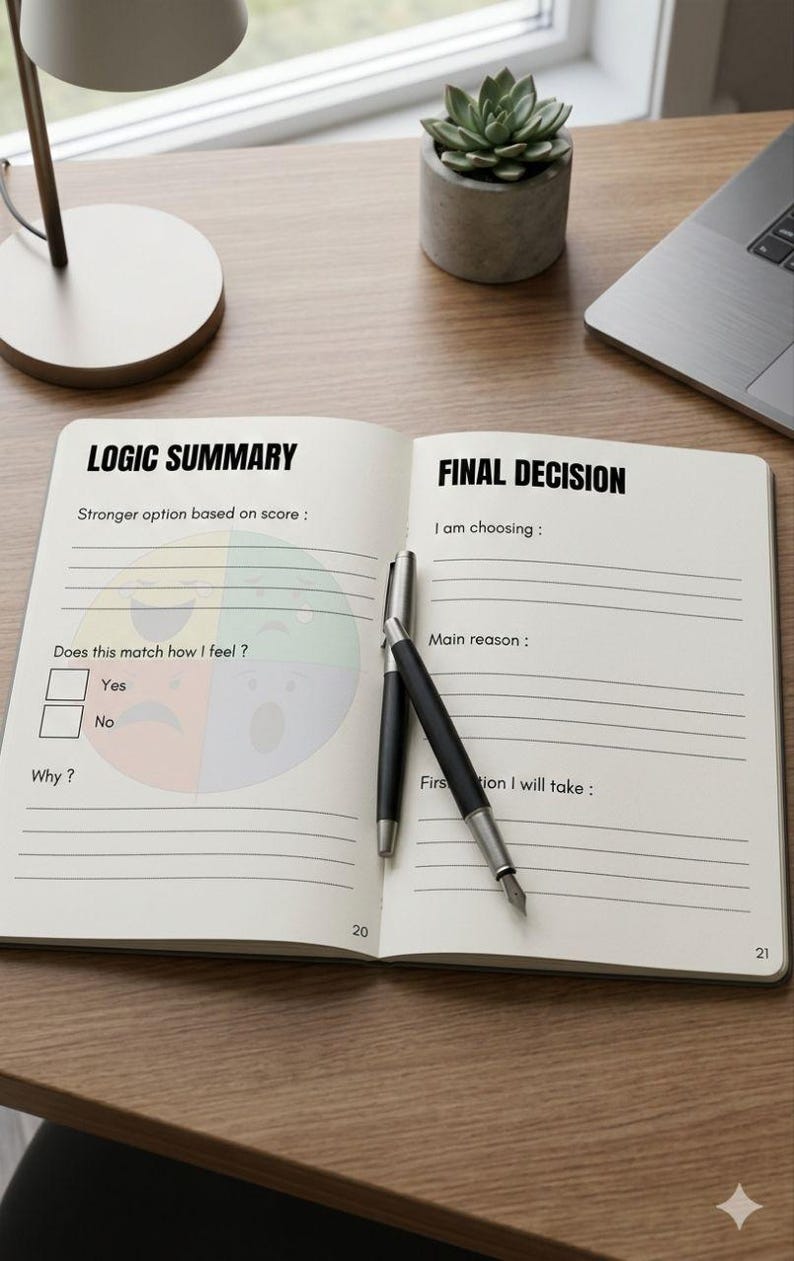 May include: Open notebook with "LOGIC SUMMARY" and "FINAL DECISION" headings. Includes prompts for decision-making, with a color-coded graphic and checkboxes. Two black pens rest on the pages. A succulent in a concrete pot and a laptop are visible.