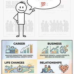 May include: An infographic with the title "THE CLEAR CHOICE SYSTEM" and the text "Perfect for 100". The graphic is divided into four sections: Career, Business, Life Changes, and Relationships, each with related icons and descriptions.