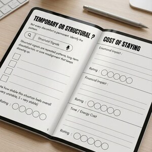 May include: An open notebook with the title "TEMPORARY OR STRUCTURAL?" and the text "COST OF STAYING." The notebook is on a light wood surface, with a pen, keyboard, and a small potted succulent nearby. The pages contain prompts for self-reflection.