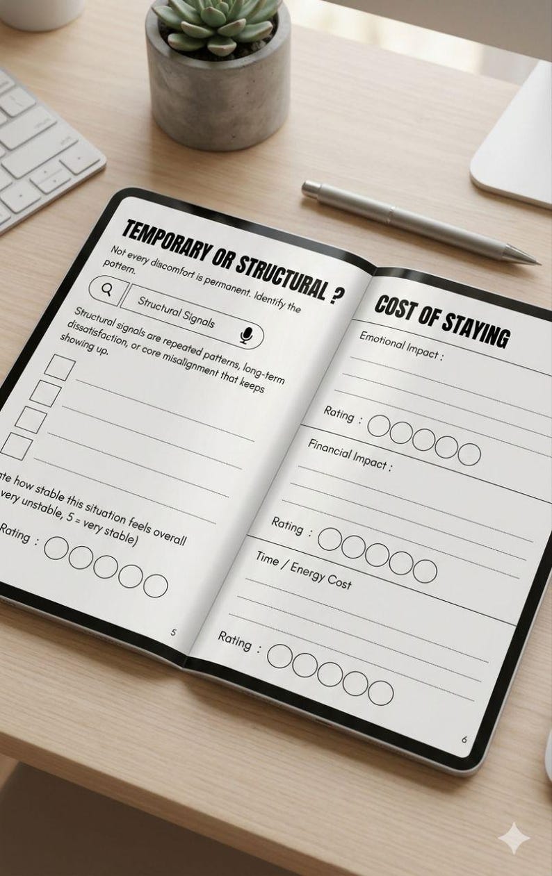 May include: An open notebook with the title "TEMPORARY OR STRUCTURAL?" and the text "COST OF STAYING." The notebook is on a light wood surface, with a pen, keyboard, and a small potted succulent nearby. The pages contain prompts for self-reflection.