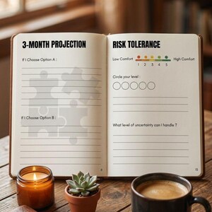 May include: Open notebook with "3-MONTH PROJECTION" and "RISK TOLERANCE" headings. Includes prompts for options, risk assessment, and uncertainty. A lit candle, succulent, and coffee cup sit on a wooden table.